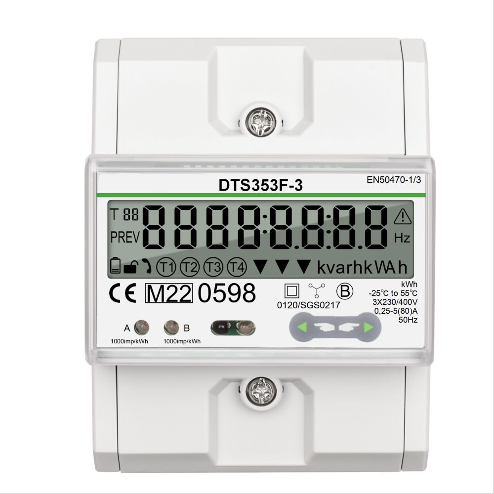 The DTS353F Series Digital Power Meter works directly connected to a maximum load 80A AC circuit. It is a three phase three wire and four wire with RS485 din rail electronic meter. It complies with the standards of EN50470-1/3 and has been MID B&D Certified by SGS UK, proving both it’s accuracy and quality. This certification allows this model to be used for any sub-billing application.